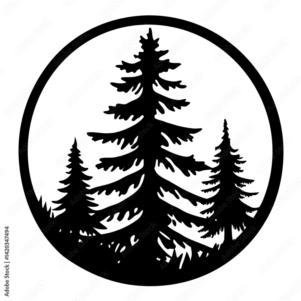 Fototapeta premium Monochrome Forest Silhouette within a Circular Frame for Graphic Design Element