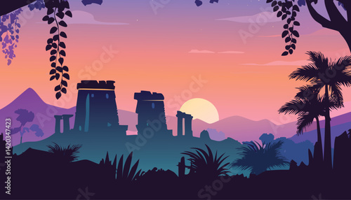 enigmatic jungle sunset with silhouetted ancient Egyptian ruins, palm trees, and lush vegetation against a vibrant gradient sky, vector illustration

