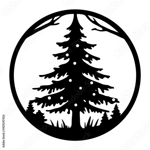 A stylized silhouette of a Christmas tree in a winter landscape