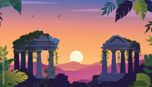 enchanting jungle sunrise with ancient overgrown temple ruins silhouetted against a vibrant sky and lush tropical foliage, vector illustration


