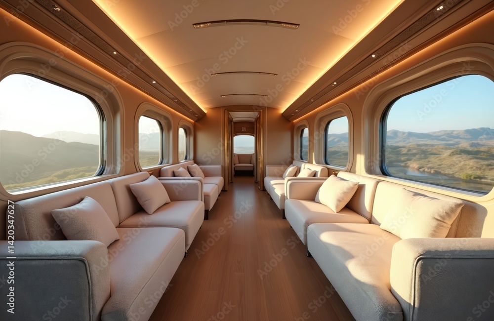 Luxurious train interior featuring spacious seating large windows. Comfortable travel design. Modern lounge with elegant decor. Enjoy scenic views, nature landscape during relaxation on journey.