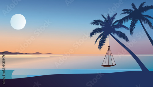 romantic tropical moonlit night with a hammock hanging between leaning palm trees over a calm ocean, vector illustration

