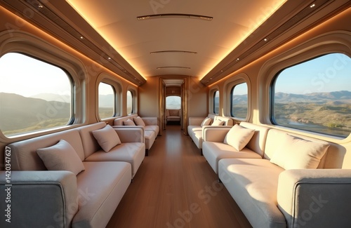 Obraz na płótnie Luxurious train interior featuring spacious seating large windows. Comfortable travel design. Modern lounge with elegant decor. Enjoy scenic views, nature landscape during relaxation on journey. w salonie