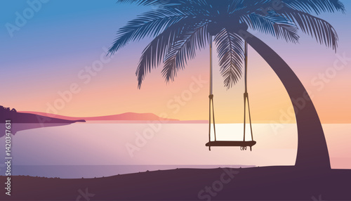 peaceful tropical dusk with a swing hanging from a curved palm tree overlooking a calm bay and distant hills, vector illustration

