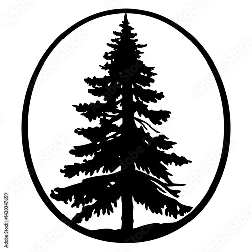 Black and white vector art of a pine tree within a circle