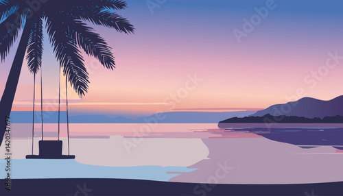 dreamy tropical twilight with a swing hanging from a palm tree silhouetted against a tranquil bay and distant mountains, vector illustration

