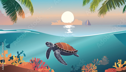 tropical ocean sunset with a sea turtle swimming over vibrant coral reefs, framed by palm tree fronds, vector illustration

