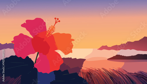vibrant hibiscus flower in the foreground with a serene tropical bay and silhouetted mountains at sunset, vector illustration

