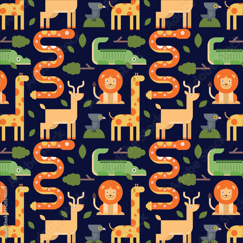 Vector seamless pattern with cartoon safari jungle animals zebra, lion, elephant, crocodile, giraffe, leopard, rhinoceros, hippopotamus. Outline hand drawn print. Safari animals in doodle style

