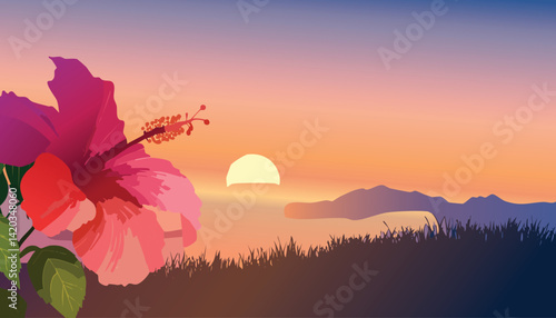 tropical sunset with a vibrant hibiscus flower in the foreground overlooking the ocean and distant islands, vector illustration


