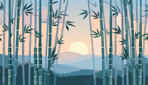 peaceful bamboo forest at dawn with soft sunlight filtering through the stalks and distant misty hills, vector illustration
