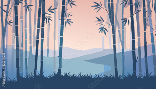 serene bamboo forest clearing with layered mountain silhouettes under a soft twilight sky, vector illustration

