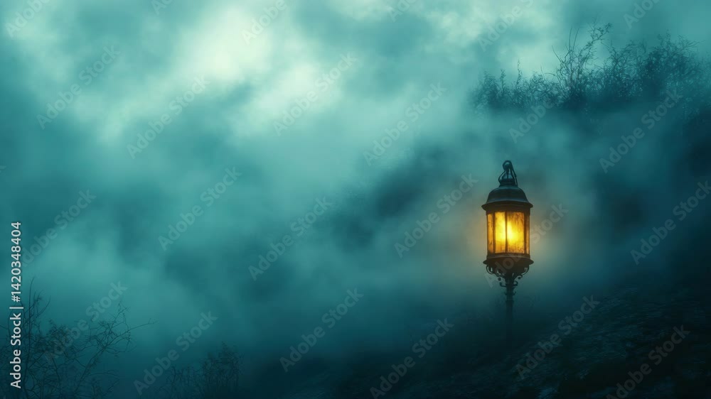 Mysterious Lantern Glowing in Eerie Fog - Halloween Scene Mysterious Lantern Glowing in Eerie Fog - Halloween Scene