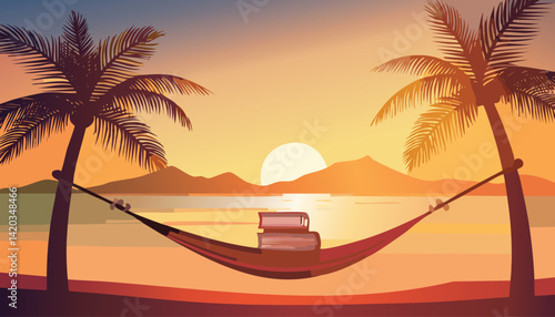 tranquil tropical beach at sunset with a hammock strung between palm trees and books for leisurely reading, vector illustration

