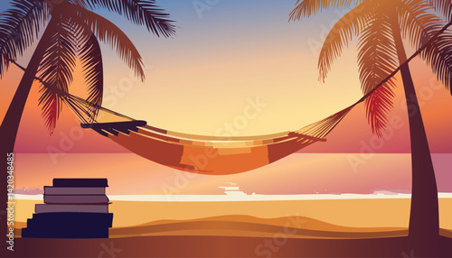 peaceful tropical beach escape with a comfortable hammock hanging between palm trees overlooking the ocean at sunset, vector illustration

