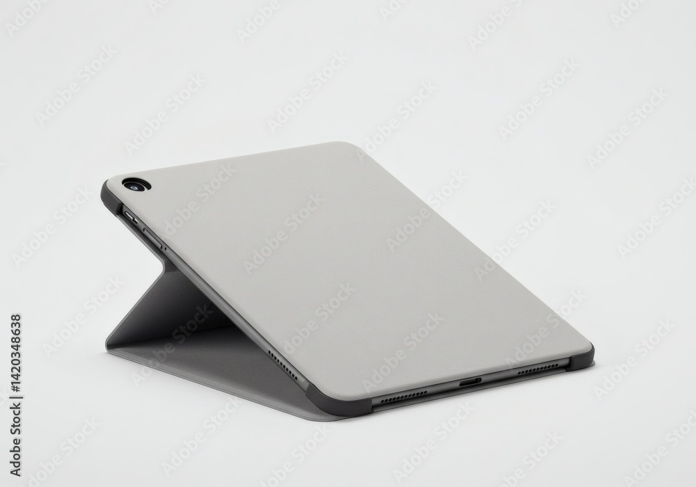 Angled tablet in a light gray case propped open on white surface Angled tablet in a light gray case propped open on white surface