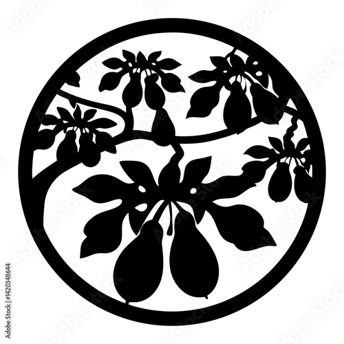 Elegant black and white silhouette of a pear tree in a circle