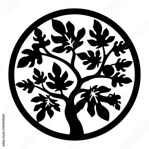 Black and white fig tree silhouette inside of circular border design