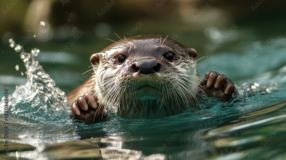 Fototapeta premium An adorable otter swimming through water with a focused expression