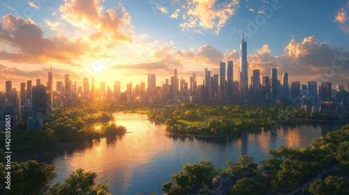 Wallpaper Mural City skyline at sunset with park and river, aerial view Torontodigital.ca