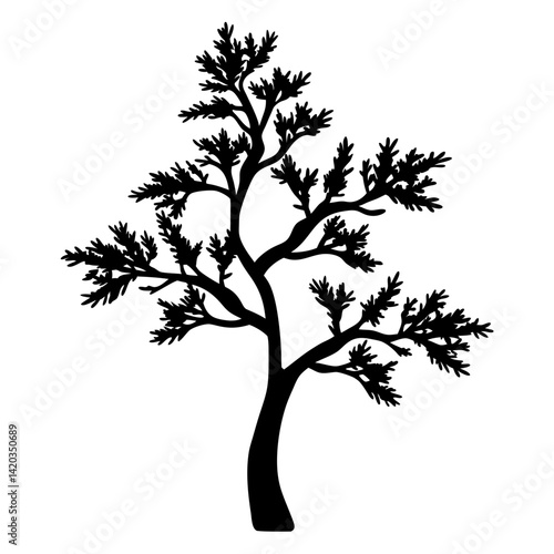 Silhouette of a tree with dense foliage against a white background