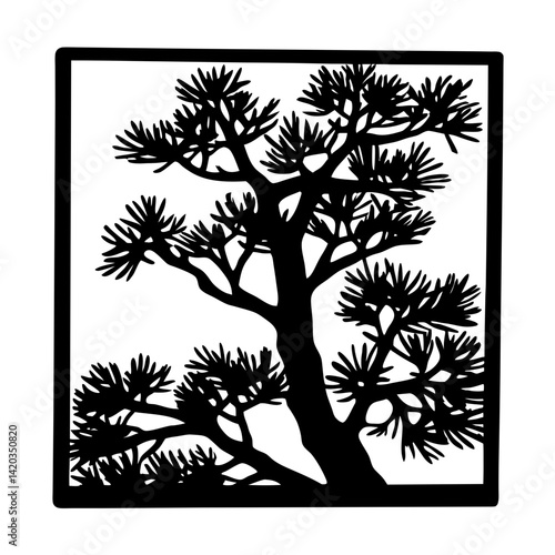 Stylized Silhouette of a Pine Tree in a Decorative Square Frame