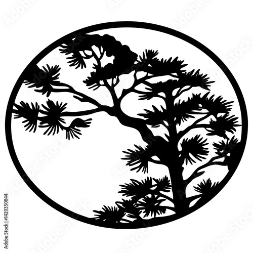 Silhouette of a bonsai tree in a circle, perfect for wall art