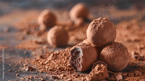 Decadent chocolate truffles dusted with cocoa powder, with one truffle partially bitten, on a dark, cocoa-covered surface.