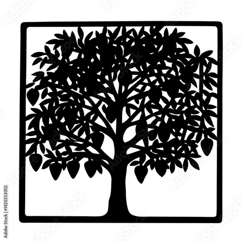 Black silhouette of a bountiful mango tree framed in a square
