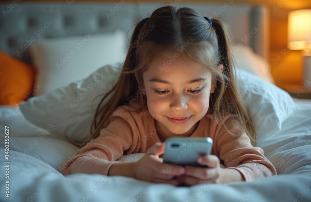 Young girl watches video, plays game smartphone in bed. Smiling face, happy. Child uses mobile phone, browses internet content, online streaming. Communication, social network. Home interior, leisure