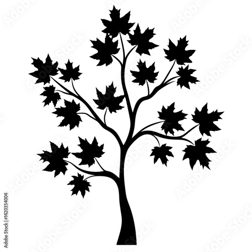 Black and White Silhouette of a Deciduous Tree with Maple Leaves
