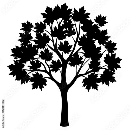Silhouette of a full maple tree with intricate leaf details against white