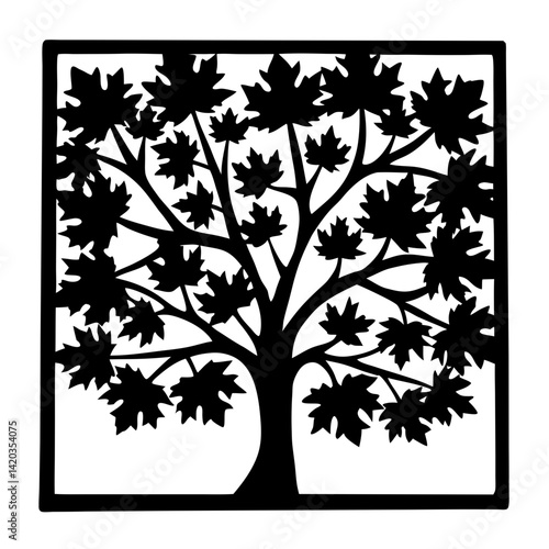 Monochrome Maple Tree Silhouette in Square Frame, Artwork for Laser Cutting
