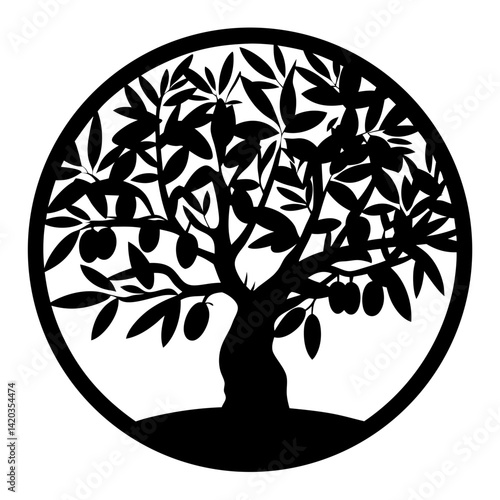 Black and White Olive Tree Silhouette Inside a Circle Design Element