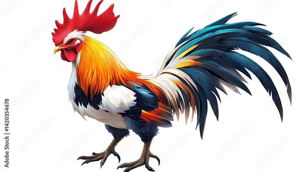 Fototapeta premium Colorful Rooster with Majestic Plumage Posing Proudly on White Background
