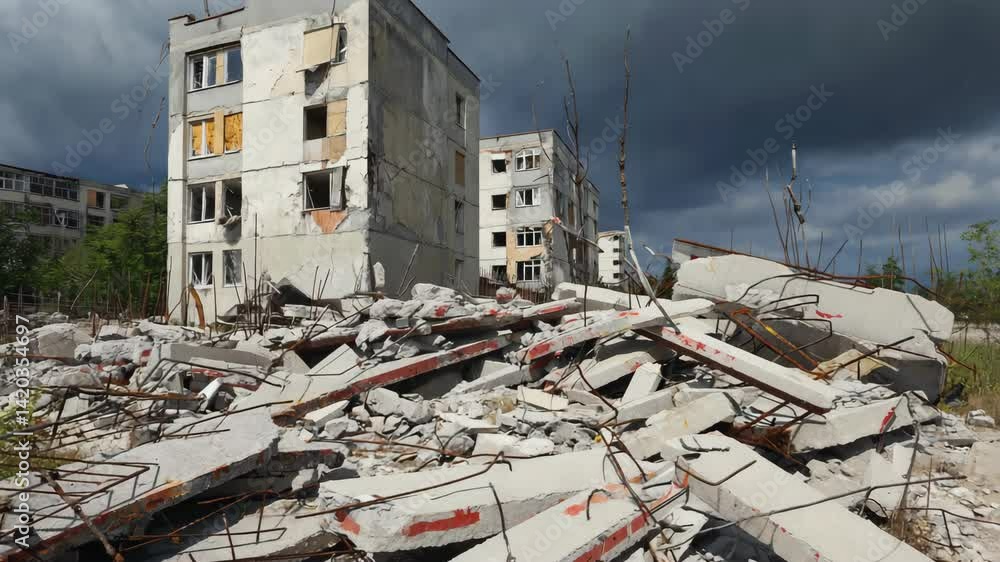 Piles of broken concrete, twisted rebar, and debris lie in front of a ...