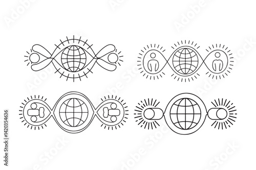 Global Unity DNA Line Art Minimalist Connection Icons with Globe and People Symbols