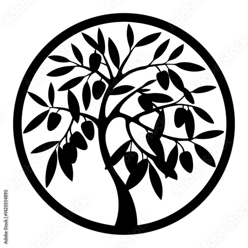 Black and white graphic of an olive tree inside a circle border