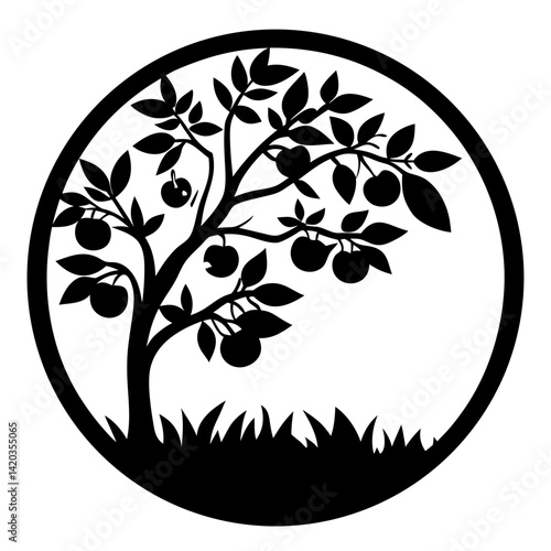 A silhouetted apple tree laden with fruit within a circular frame