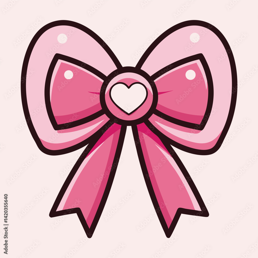 Fototapeta premium Cute Pink Bow with Heart Center Illustration for Valentines Day