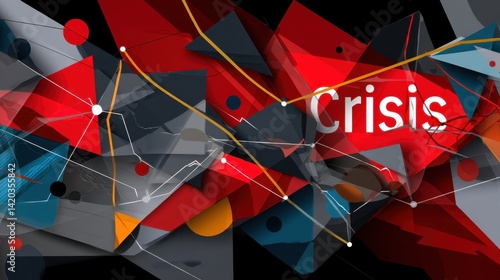 Abstract Digital Art Representing Crisis with Geometric Shapes and Dynamic Lines in Red Black and Gray Tones