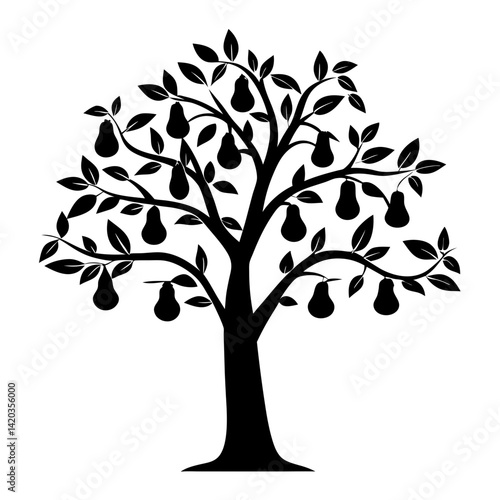Silhouette of a pear tree filled with ripe pears and lush leaves