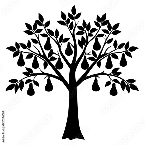 Silhouette of a Mature Pear Tree with Abundant Fruit and Leaves