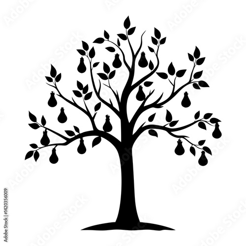A silhouette of a pear tree in full fruit bearing season