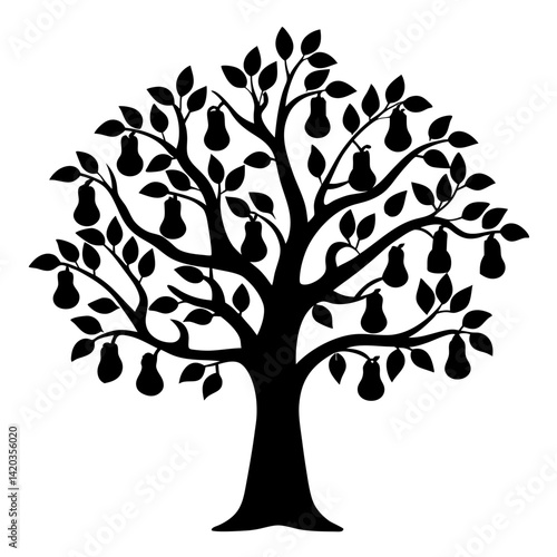 Stylized black and white image of a pear tree bearing fruit
