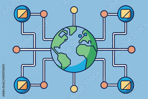 Global connectivity represented through minimal vector illustration featuring the earth, data connections, and abstract elements in a modern design
