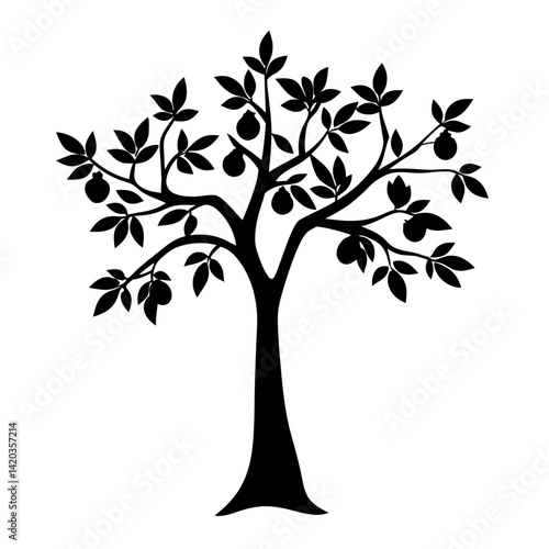 Silhouette of a fruit tree with abundant foliage and spherical fruits