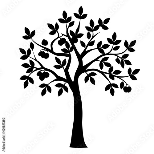 Black and white tree silhouette with leaves and fruit design artwork