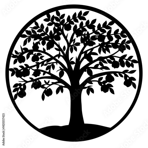 Silhouette of a Fruit Bearing Tree Inside a Circle Frame Design