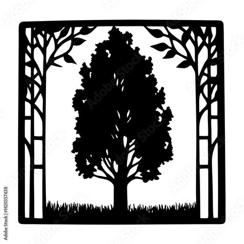 Monochrome artistic rendering of a tree framed by stylized forest outline